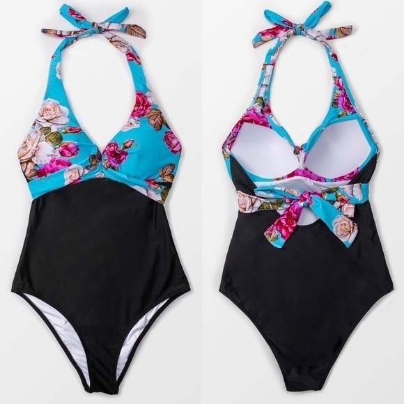 CUPSHE Floral/Black Colorblock Halter Neck High Waist Retro 1 Piece Swim Suit M - Picture 3 of 10